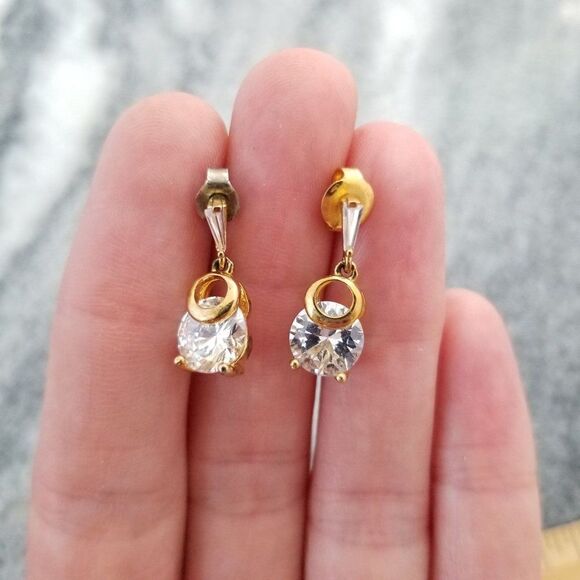 Vintage Little Rhinestone Drop Post Earrings, Gold Tone Setting, Minimal - Picture 3 of 4